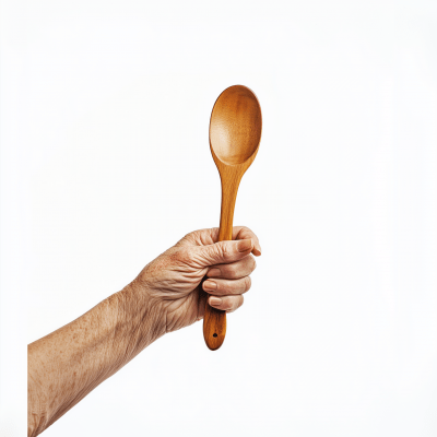 Hand of an Elderly Woman with a Wooden Cooking Spoon