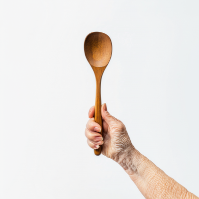 Old Lady’s Hand Holding a Wooden Cook Spoon