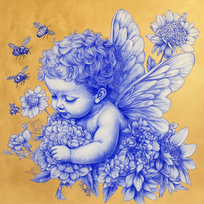 Blue Ball Point Pen Drawing of Cupid with Flowers and Bees