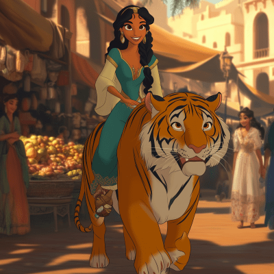 Princess Jasmine riding on a tiger through a lively market