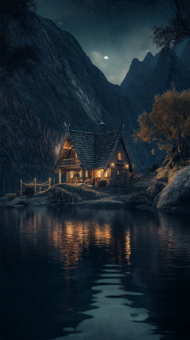 Nordic Night Scenery with Viking House