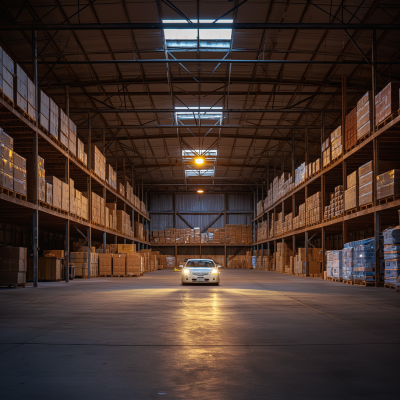 Nighttime Warehouse with Cars and Boxes