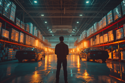 Man in Warehouse with Car and Boxes