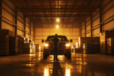 Nighttime scene in a large shed