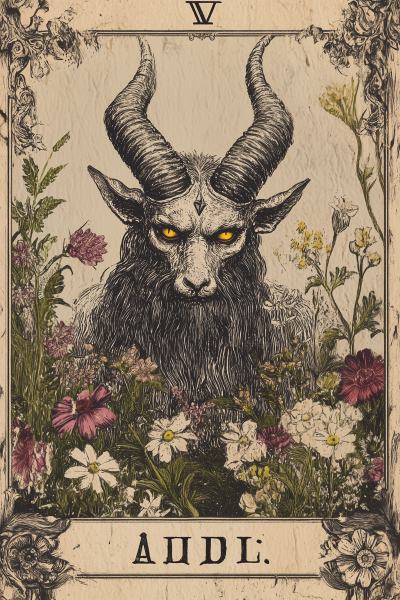 Kawaii Baphomet in Flowers Tarot Card