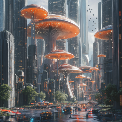 Futuristic City with Enormous Mushrooms