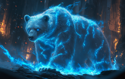 Bear with Blue Illuminating Scars and Flames in Cave City Background