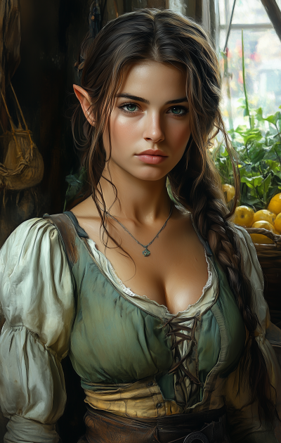 Druidic Farmer Woman Elf in Fantasy Landscape