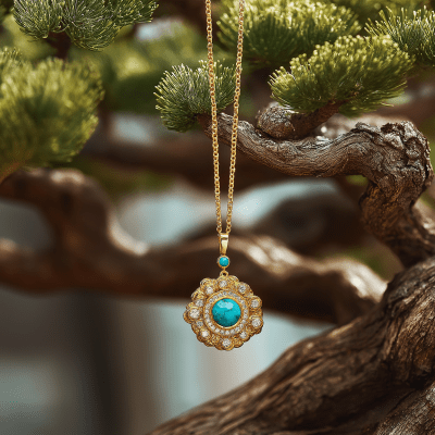 Luxury Gold Necklace with Turquoise Accent Stones and Diamonds