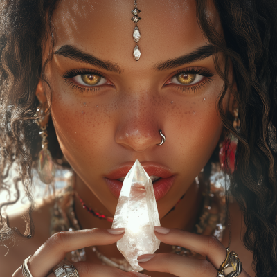 Biracial Woman with Piercings and Crystal Quartz Relic