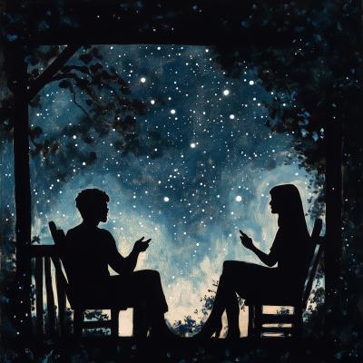 Silhouette of Two Friends Talking in the Night