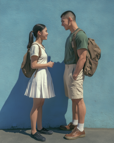 Young couple in front of blue wall