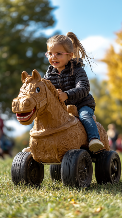 Kid Pretending to Joust on Horse Wagon