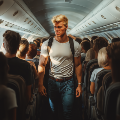 Young man walking in a crowded plane