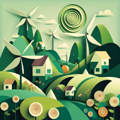 Stylized Green Hills with Wind Wheels