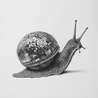 Charcoal drawing of a snail with a disco ball