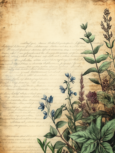 Vintage Manuscript with Hand Drawn Herbs