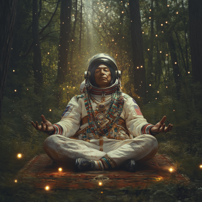 Indian Chief in Astronaut Suit Meditating in Woods