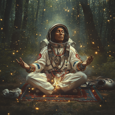 Indian Chief Meditating in Astronaut Suit