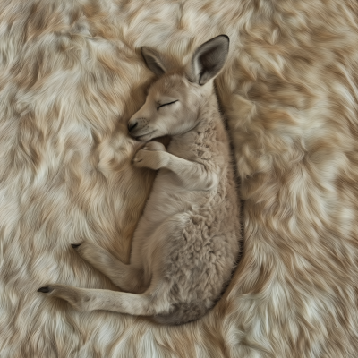 Sleeping Baby Kangaroo on Ivory Fur Rug