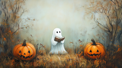 Meadow of Grass with Pumpkins and Cute Ghost