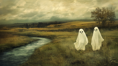 Vintage Countryside Painting with Halloween Ghosts