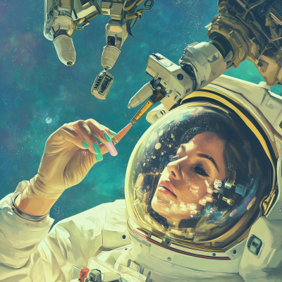 Woman Astronaut Getting Nails Painted in Outer Space