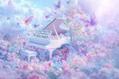 Dreamy Piano with Butterflies and Flowers