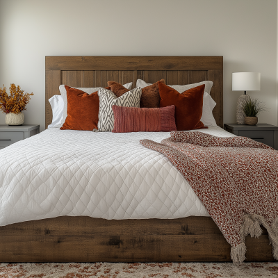 Queen Size Bed with Wooden Headboard