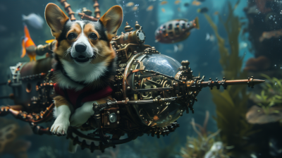 Steampunk Corgi Riding Squid Underwater