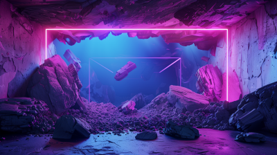 Mysterious Room with Falling Rocks and Neon Lines