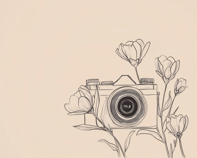 Camera and Flowers Minimalist Drawing