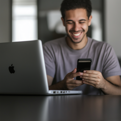 Out of Focus Man Using Phone Next to Laptop