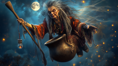 Baba Yaga Flying Through the Night Sky