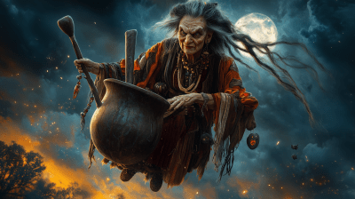 Baba Yaga Flying through the Night Sky