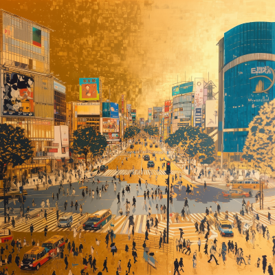 Kano Style Painting of Shibuya Scramble Crossing