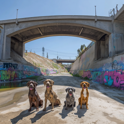 Dog sculptures under a bridge