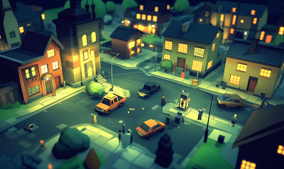 Low Poly Video Game Style Small Town at Night