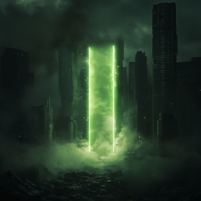 Glowing Green Portal in Dark Cityscape