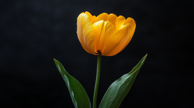 Single Yellow Tulip on Black Background