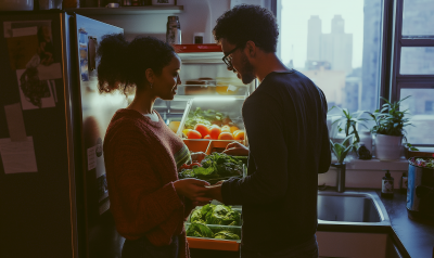 Multiracial couple putting away vegetables in fridge