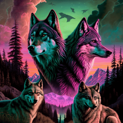 Wolves Family in Aurora Borealis