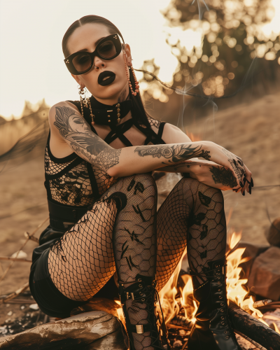 British Woman by Fire with Tattoo