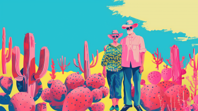 Pink Cactus in Garden Illustration