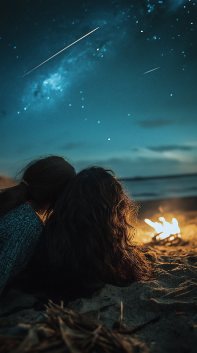 Nighttime Beach Scene with Girls and Campfire