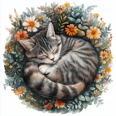 Vintage Watercolor Illustration of a Cat Curled Up Around Leaves and Flowers