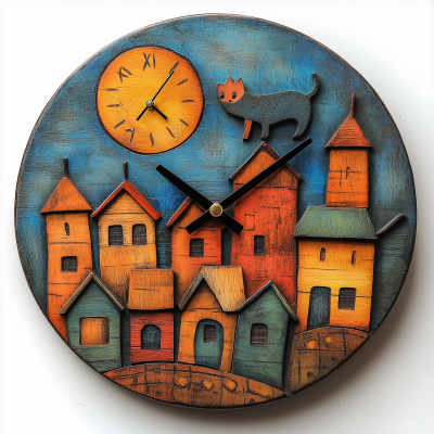 Vintage Wooden Wall Clock with Cat Illustration