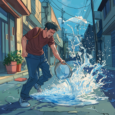 Angry man pouring water from bucket