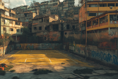 Hyper Realistic Cinematic Image of a Football Field in a Brazilian Favela