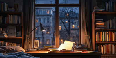 Nighttime Bedroom Interior with European City View